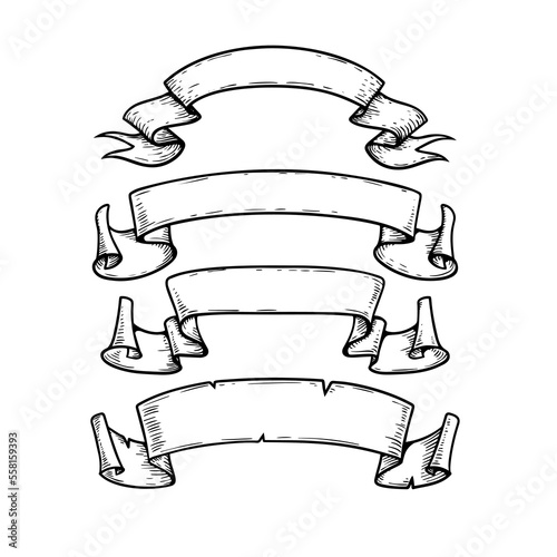 Scrolls sketch set. Vintage hand drawn banners and sketched swirl ribbons collection. Vector illustration isolated on white background.