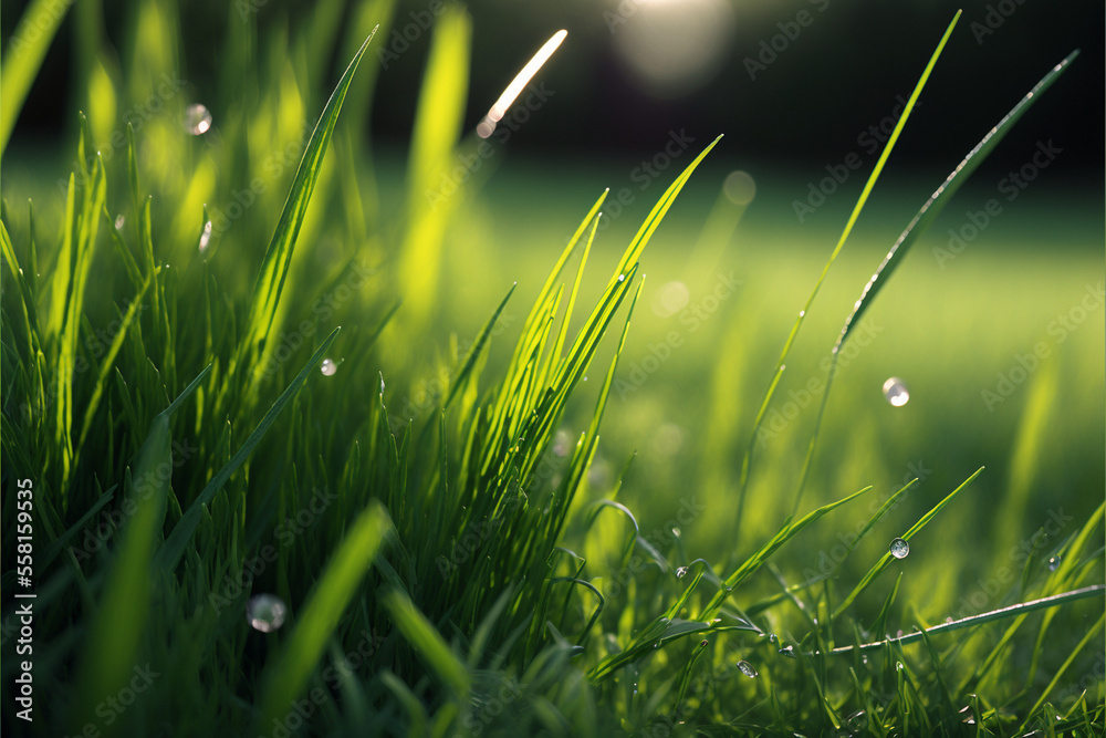grass with dew drops in the morning sun