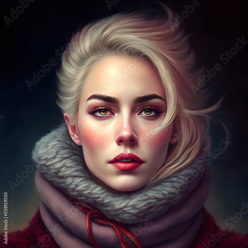 A beautiful young woman with Slavic beauty and blond curly hair dressed in a winter  thick fluffy shawl. Generative AI illustration. Creative digital painting.