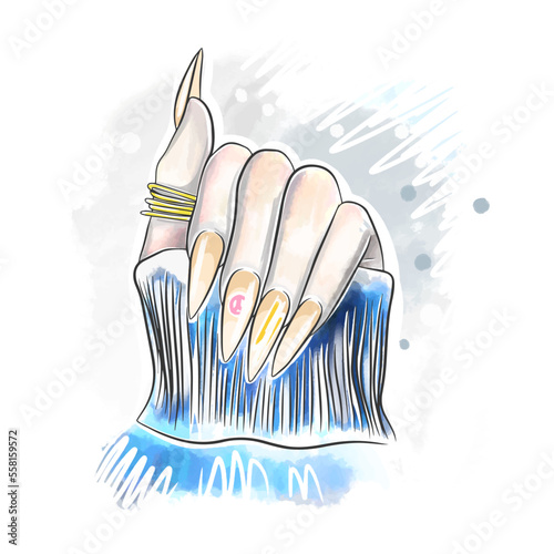 Long nails with manicure, nude nail design, doodle