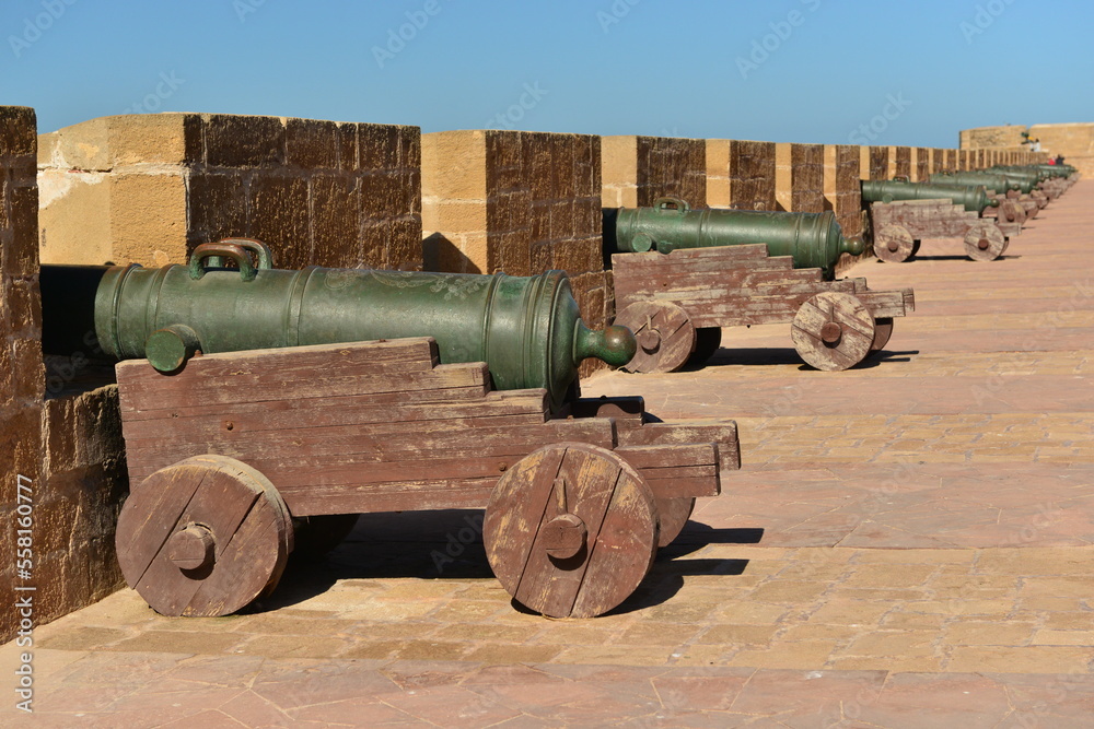 Essaouira,Morocco,Africa, Medina city wall ramparts lined with Spanish cannon.