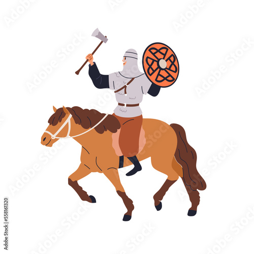 Armored Scandinavian warrior with axe and shield, riding horse. Medieval historical horseman knight in chain-mail, horseback rider with weapon. Flat vector illustration isolated on white background