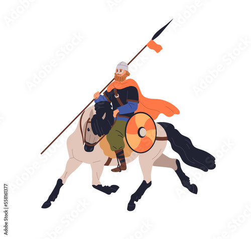 Armored warrior with lance, riding horse. Medieval history horseman in helmet, Scandinavian horseback rider with ancient weapon, spear, shield. Flat vector illustration isolated on white background