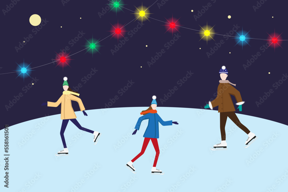 Fototapeta premium People in winter clothes skating on a skating rink against the background of the night starry sky and multicolored lights garlands. Winter background, vector illustration