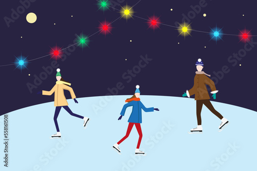 People in winter clothes skating on a skating rink against the background of the night starry sky and multicolored lights garlands. Winter background, vector illustration