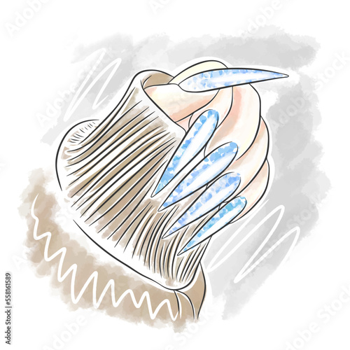 Beautiful watercolor nails in marine tones, manicure design, doodle
