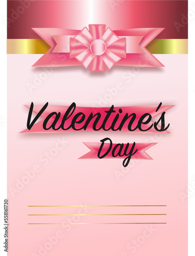 Valentine's Day card with pink bow, ribbon. The inscription is festive gold.Pink background.Place to insert