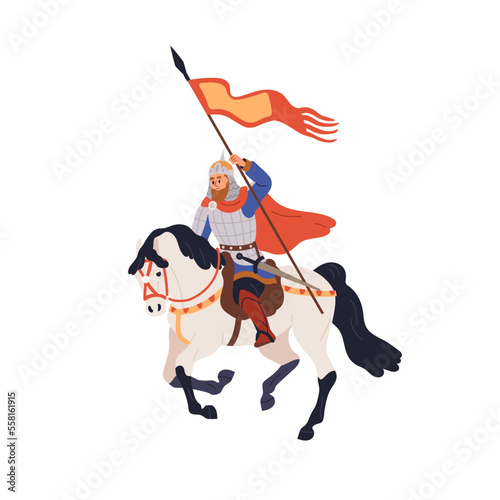 Ancient Russian warrior riding horseback. Horse rider with flag, armored with sword. Slavic horseman in helmet of Medieval Russia. History flat vector illustration isolated on white background