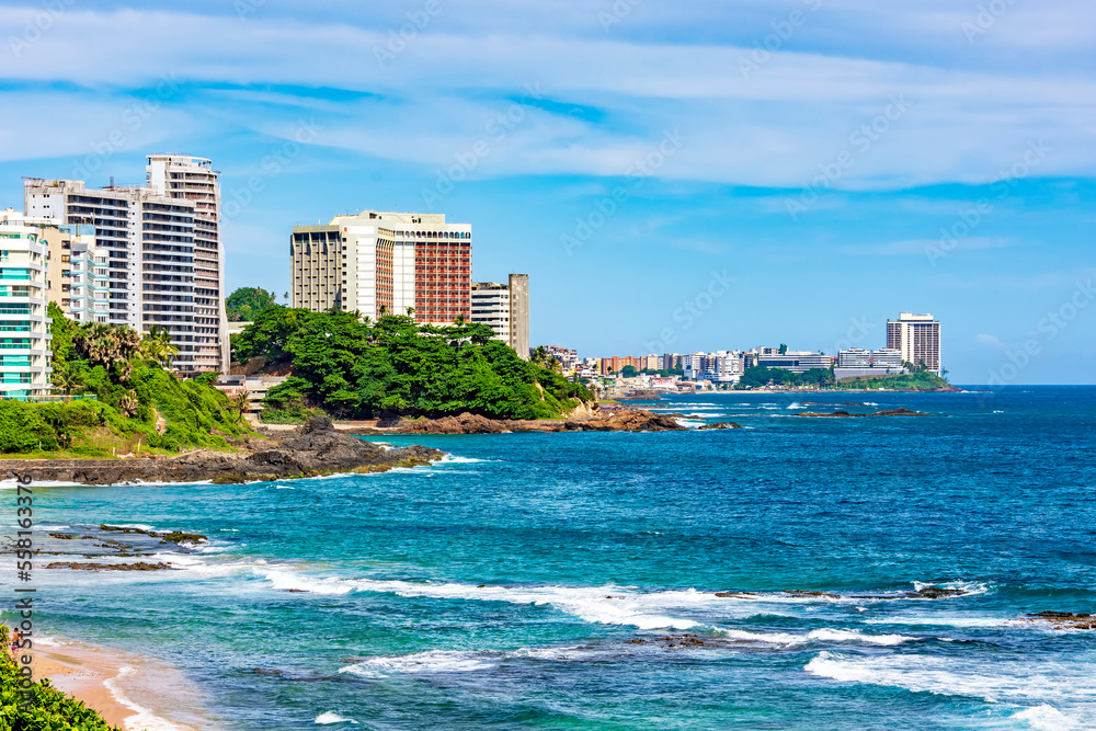 Modern buildings by the sea and beaches in the city of Salvador in Bahia