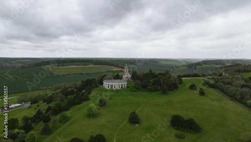 .West Wycombe Hill famous landmark, St Lawrence Church Bucks UK Aerial drone photo