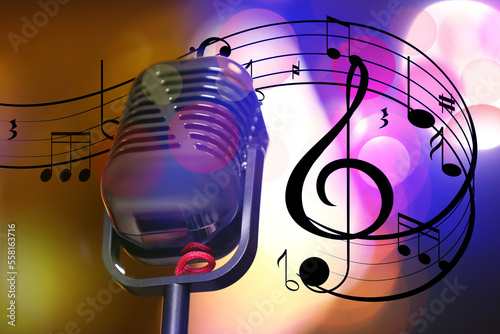 Retro microphone, staff with music notes and other musical symbols against festive lights