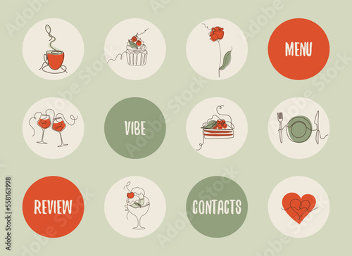 Set of round icons for highlights social media stories. Design templates for cafes, bars and restaurants. Continuous line art style vector illustrations.
