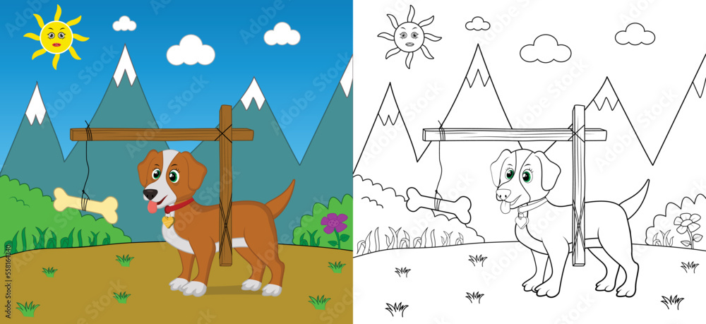 Cute cartoon dog coloring page with line art vector illustration Cute cartoon dog coloring page with line art vector illustration