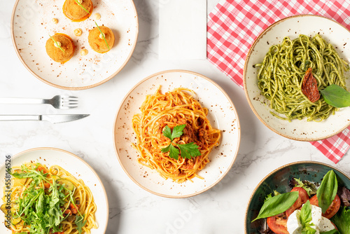 View from above of various Italian dishes. High quality photo