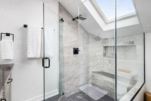 Modern and Bright Primary Bathroom with Walk In Shower. Enclosed glass shower with rainfall shower head and skylight. 