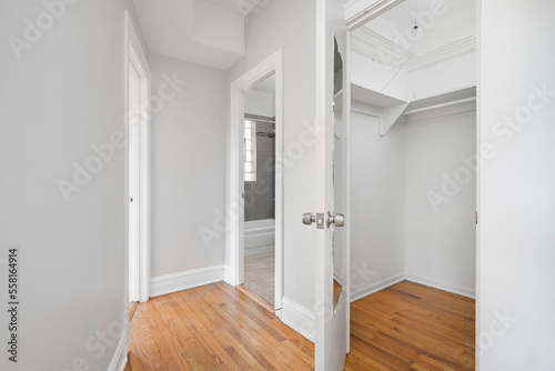 Modern Bedroom Walk In Closet. Empty primary closet with views into en suite bathroom. Vacant room for virtual staging.