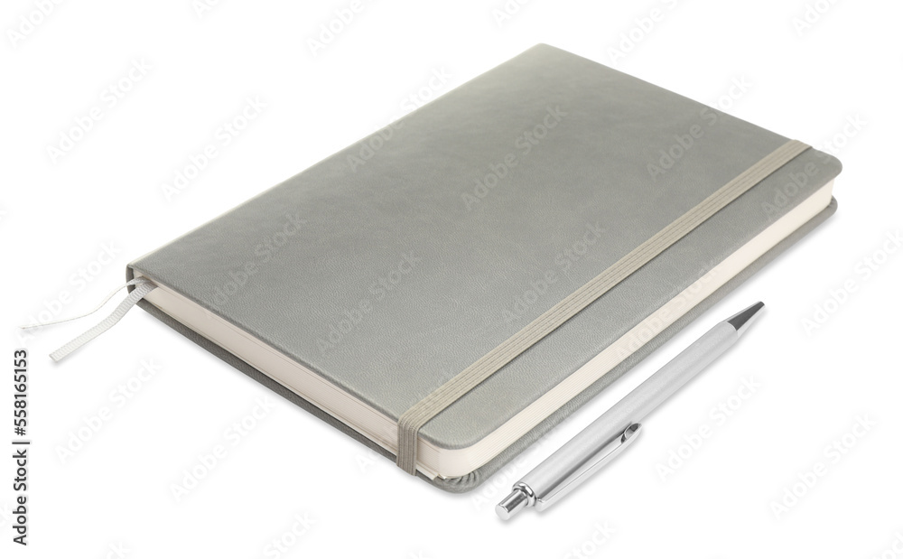 Closed grey notebook with pen isolated on white Closed grey notebook with pen isolated on white