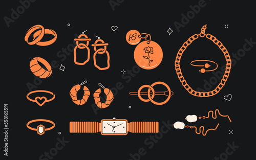 Cartoon jewelry bundle. Gold watch earrings chain ring bracelet locket, luxury precious accessories. Vector isolated set