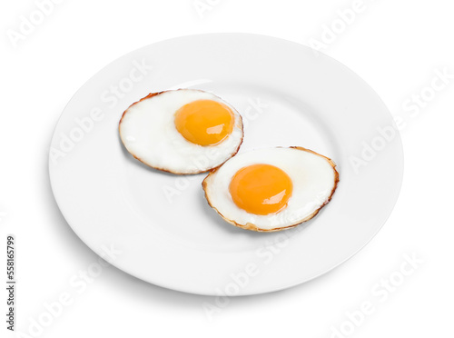 Plate with delicious fried eggs isolated on white