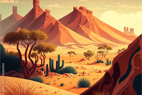 Desert landscape with sand dunes vegetation  catoon style. AI