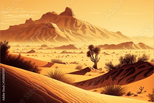 Desert landscape with sand dunes vegetation  catoon style. AI