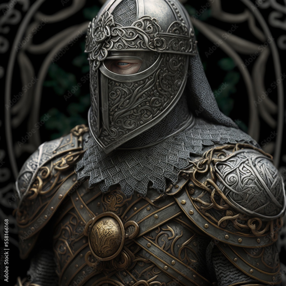 Obraz premium Celtic knight in matte silver armor. Digital illustration. AI