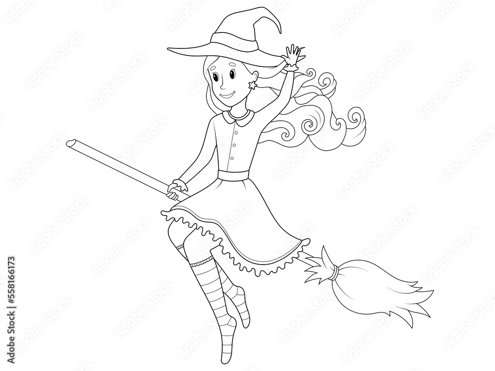 Fototapeta premium A young witch on a broom. Children coloring book. Vector.