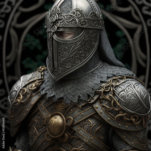 Celtic knight in matte silver armor. Digital illustration. AI