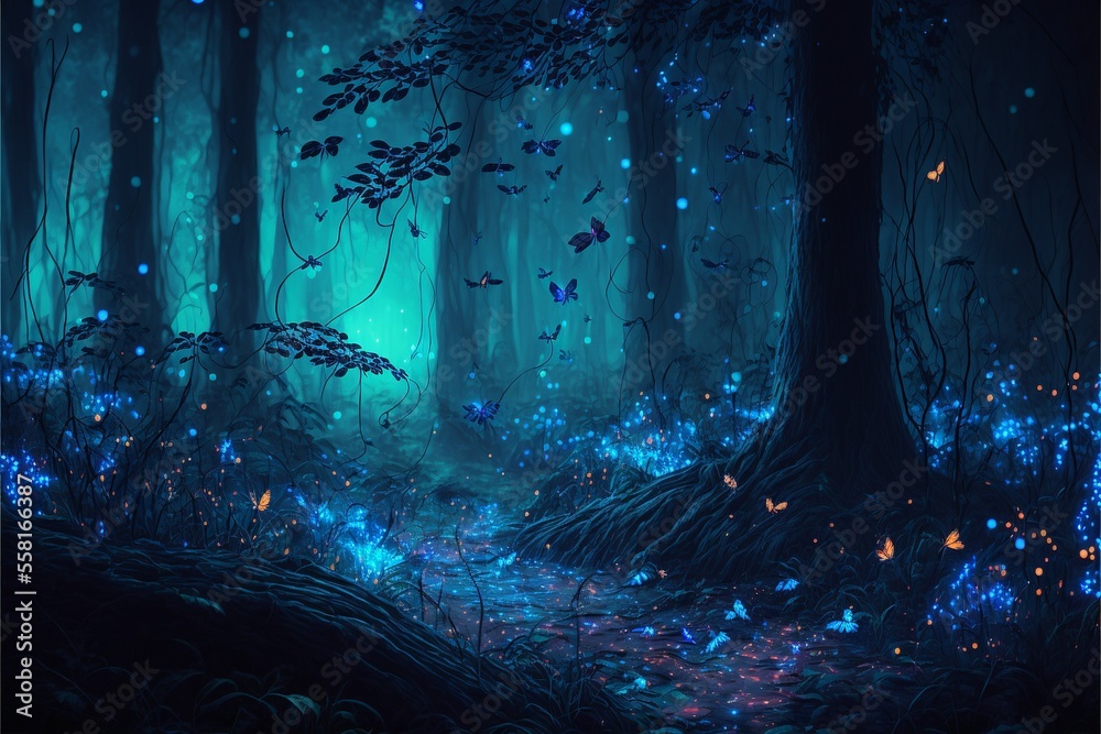 Mystical forest with blue fog and fireflies. AI
