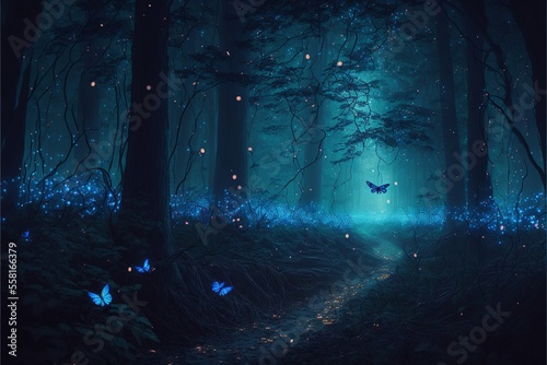 Mystical forest with blue fog and fireflies. AI © Deivison