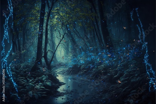 Mystical forest with blue fog. AI