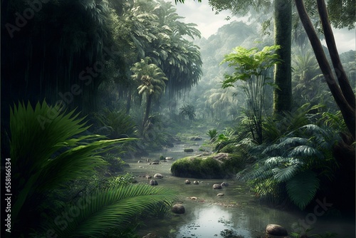 Tropical forest landscape with lake. Digital illustratio AI