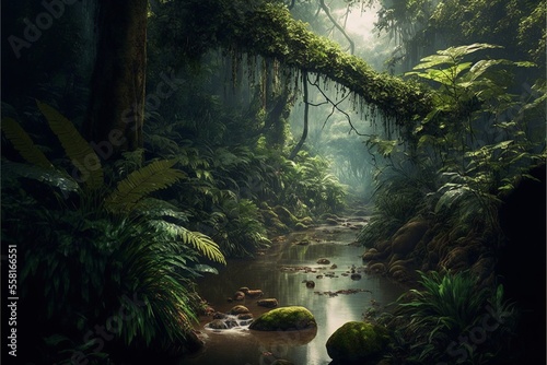 Tropical forest landscape with lake. Digital illustratio AI