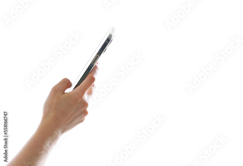 woman hand hold smart phone side horizontal view isolated on white with clipping path