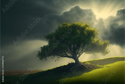 Landscape of tree on the hill with field, clouds and sunbeams in the sky. Digital illustration. AI