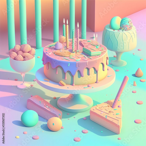 Delicious birthday cake in beautiful colors. Generative AI