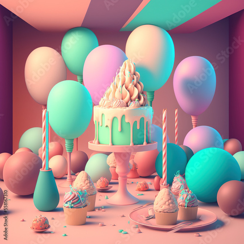Delicious birthday cake in beautiful colors. Generative AI