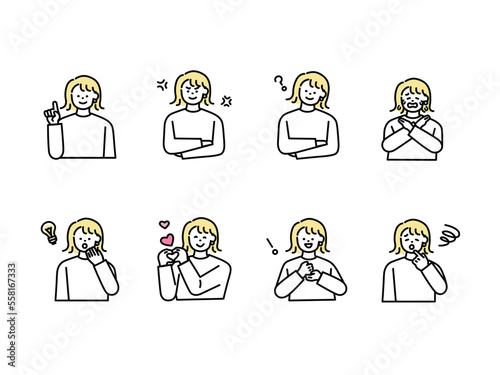 人物の表情イラスト4(女性、アイコン、アバター、笑う、泣く、落ち込む、驚く、怒る、知る) An illustration of a person's facial expression.Women, icons, avatars, laughing, crying, depressed, surprised, angry, know.