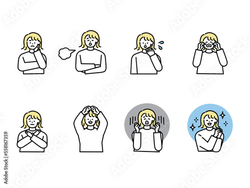 人物の表情イラスト5(女性、アイコン、アバター、笑う、泣く、落ち込む、驚く、怒る、知る) An illustration of a person's facial expression.Women, icons, avatars, laughing, crying, depressed, surprised, angry, know.