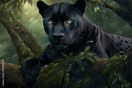 a beautiful black panther is sitting on a tree in the jungle. Generative AI