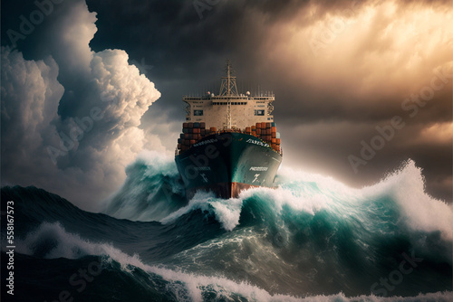 a container ship on a stormy sea with huge waves. Generative AI