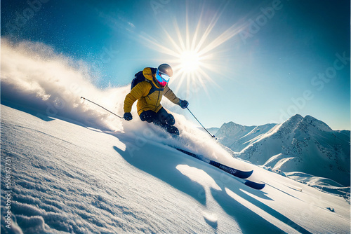 A skier in a yellow jacket is skiing in the bright sun and blue sky. Generative Ai photo
