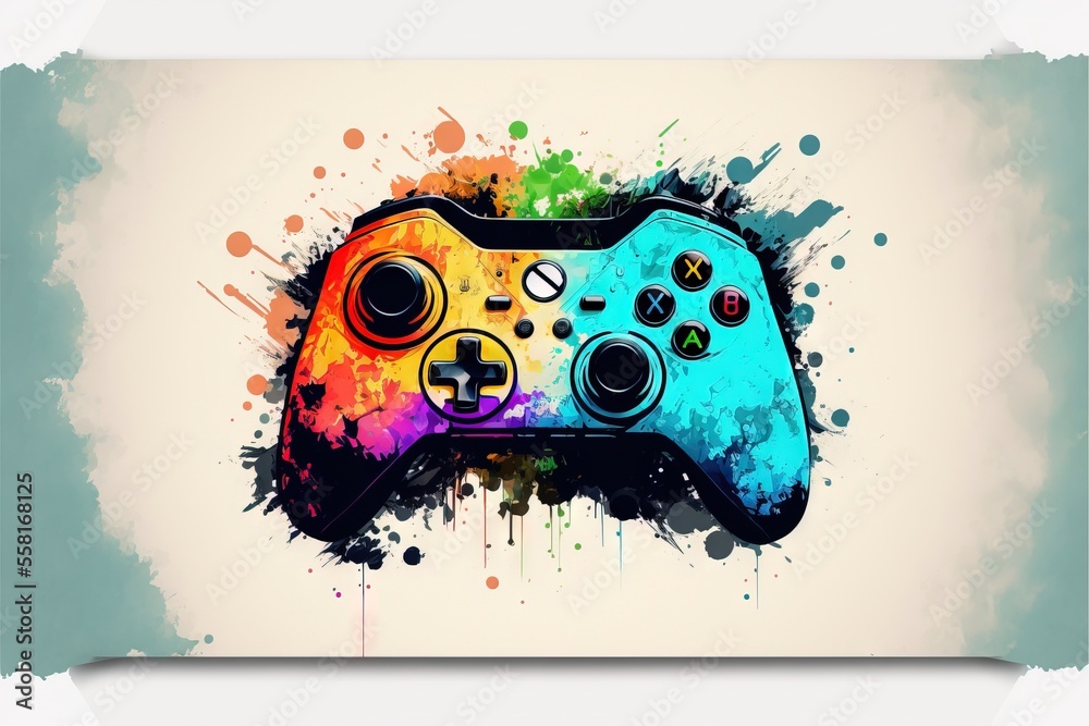a colorful video game controller painted in watercolor on a white ...