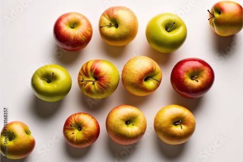 a group of apples sitting on top of a white table next to each other on top of a white table top with a few apples in the middle of the top of the row,., generative ai photo