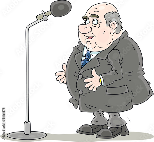 Fat boring bald-headed government official in gray suit making an important statement at a press conference, vector cartoon illustration isolated on a white background