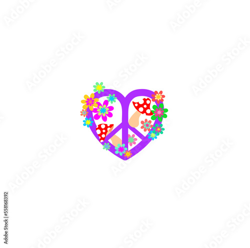 Funny violet hippie peace symbol print in heart shape with fly agaric and colorful flower-power on white background. Design for girl t-shirt
