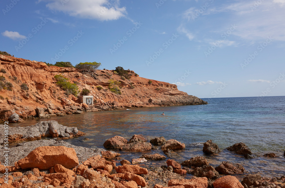 Ibiza, Spain - August 27, 2022 : View of Sa Caleta beach