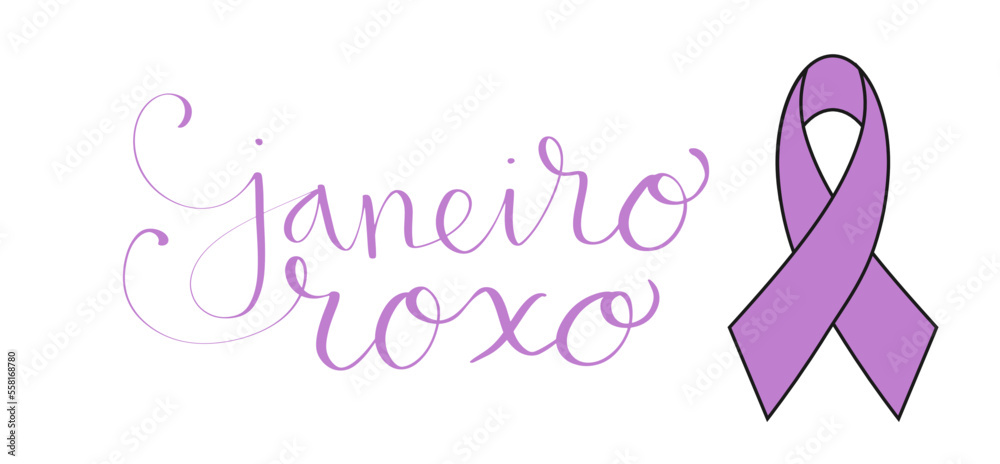 Purple January in portuguese Janeiro Roxo, Brazil campaign for hansen disease awareness banner. Handwritten calligraphy lettering vector