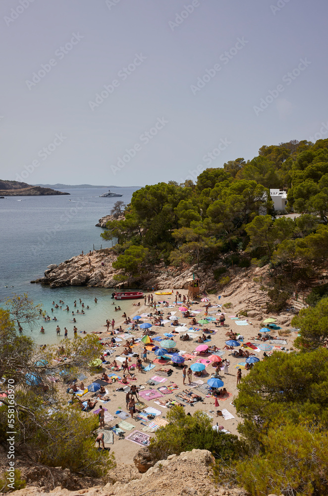 Ibiza, Spain - August 30, 2022 : View of Cala Saladeta