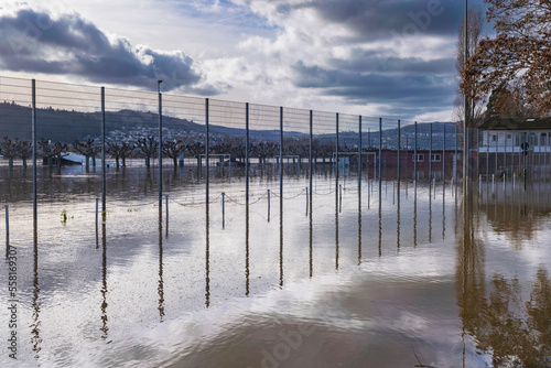 Flooded sports grounds during high water in winter on the Rhine near Rüdesheim/Germany